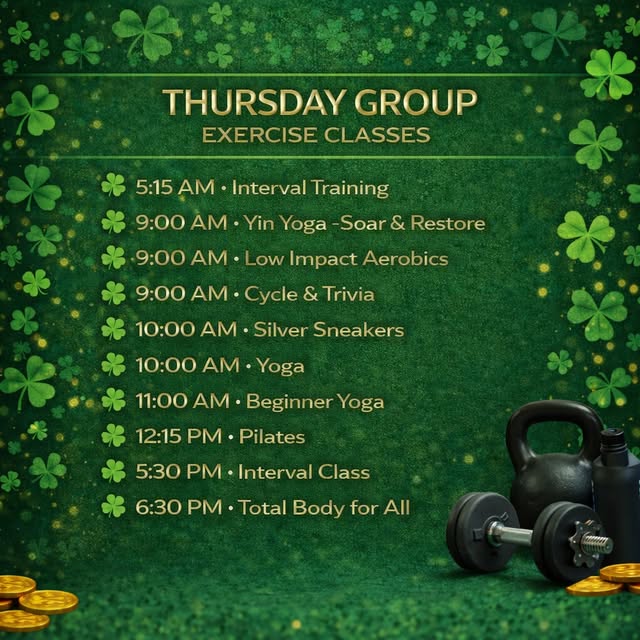 💚🍀 Thursday Group Exercise Classes 🍀💚

Keep your week strong at the Randolph-Ashebo…