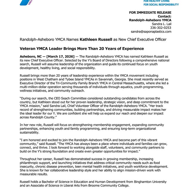 🎉 Big News at the Randolph-Asheboro YMCA! 🎉

We are excited to welcome Kathleen Russe…
