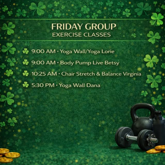 💚🍀 Friday Group Exercise Classes 🍀💚

Finish your week strong at the Randolph-Ashebo…