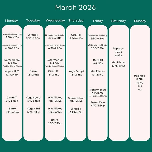 March- May schedule is live!

Reminder that our schedule is bookable 30 days out.

New …