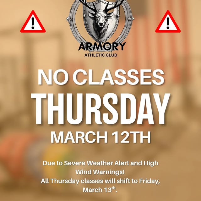 ⚠️ Class Update – Thursday, March 12

Due to the Severe Weather Alert and High Wind War…